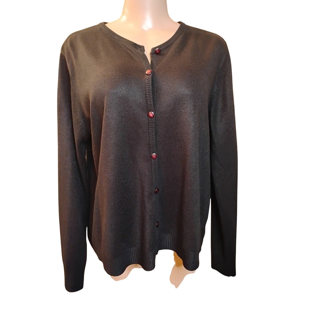 Lemon Grass Black Button Front Cardigan Sweater XL Ribbed Trim Marbled Buttons